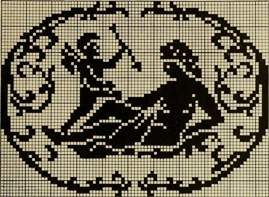 An illustration from The Priscilla filet crochet book; a collection of beautiful designs in filet crochet, equally adapted to cross-stitch, beads and canvas, with working directions, 1911, leaf 48
