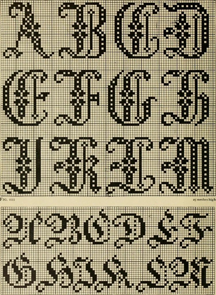 An illustration from The Priscilla filet crochet book; a collection of beautiful designs in filet crochet, equally adapted to cross-stitch, beads and canvas, with working directions, 1911, leaf 49