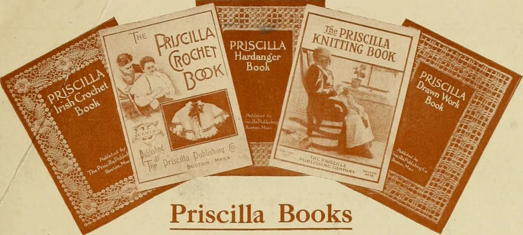 An illustration from The Priscilla filet crochet book; a collection of beautiful designs in filet crochet, equally adapted to cross-stitch, beads and canvas, with working directions, 1911, leaf 50
