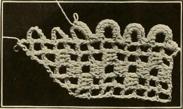 An illustration from The Priscilla filet crochet book; a collection of beautiful designs in filet crochet, equally adapted to cross-stitch, beads and canvas, with working directions, 1911, leaf 7