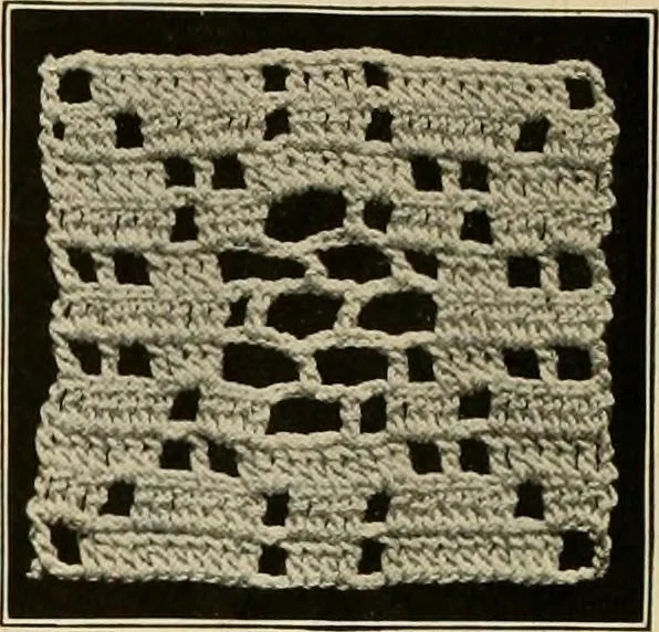 An illustration from The Priscilla filet crochet book; a collection of beautiful designs in filet crochet, equally adapted to cross-stitch, beads and canvas, with working directions, 1911, leaf 7