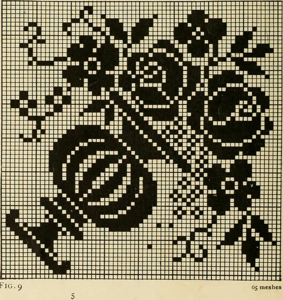 An illustration from The Priscilla filet crochet book; a collection of beautiful designs in filet crochet, equally adapted to cross-stitch, beads and canvas, with working directions, 1911, leaf 7