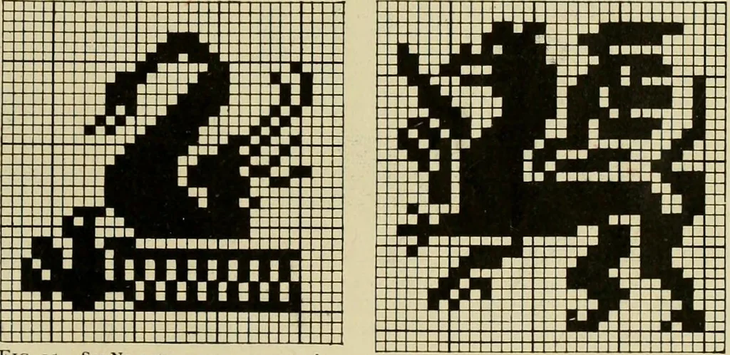 An illustration from The Priscilla filet crochet book; a collection of beautiful designs in filet crochet, equally adapted to cross-stitch, beads and canvas, with working directions, 1911, leaf 8