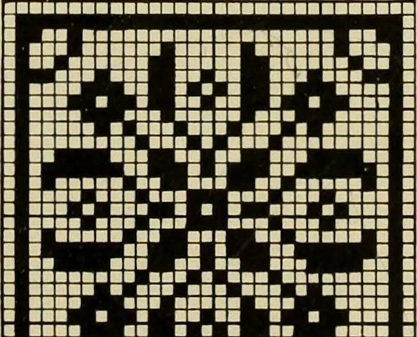 An illustration from The Priscilla filet crochet book; a collection of beautiful designs in filet crochet, equally adapted to cross-stitch, beads and canvas, with working directions, 1911, leaf 8