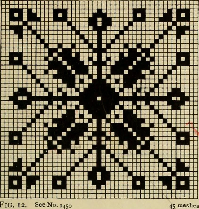 An illustration from The Priscilla filet crochet book; a collection of beautiful designs in filet crochet, equally adapted to cross-stitch, beads and canvas, with working directions, 1911, leaf 8