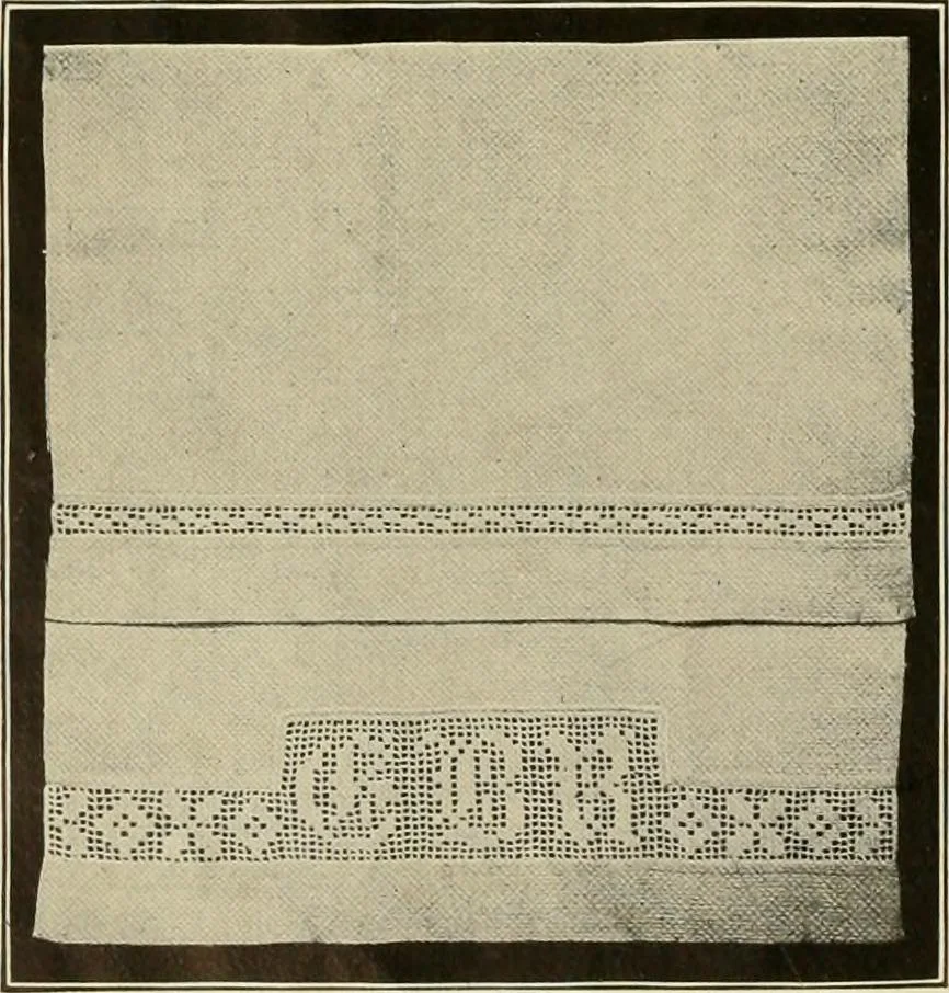 An illustration from The Priscilla filet crochet book; a collection of beautiful designs in filet crochet, equally adapted to cross-stitch, beads and canvas, with working directions, 1911, leaf 9