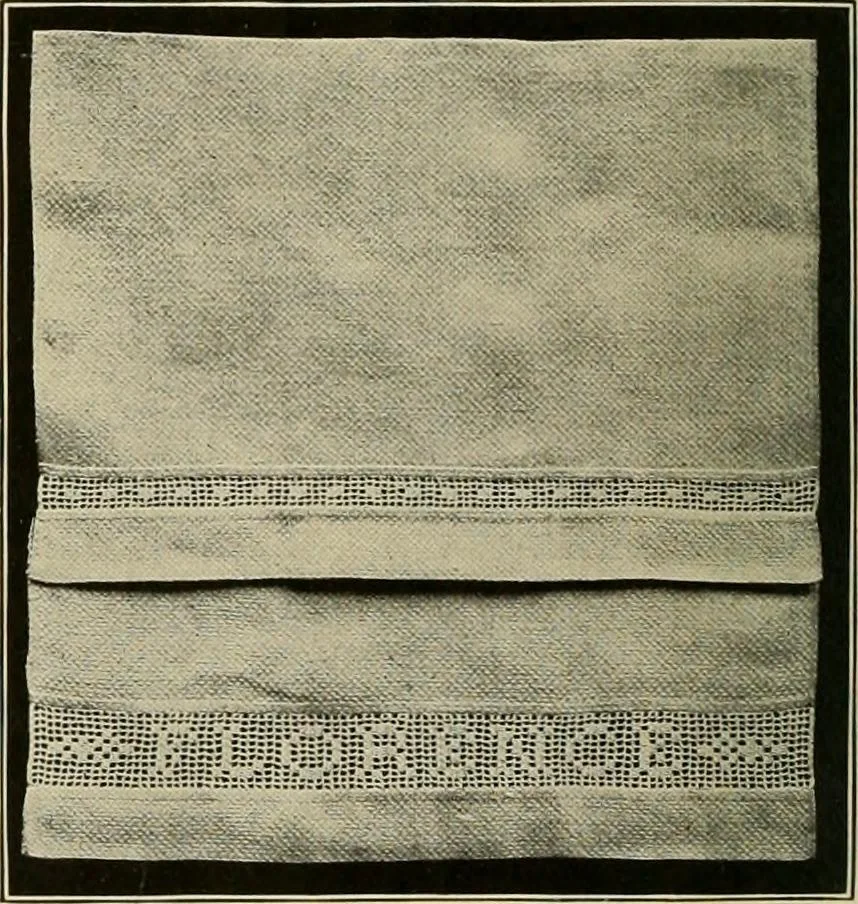 An illustration from The Priscilla filet crochet book; a collection of beautiful designs in filet crochet, equally adapted to cross-stitch, beads and canvas, with working directions, 1911, leaf 9