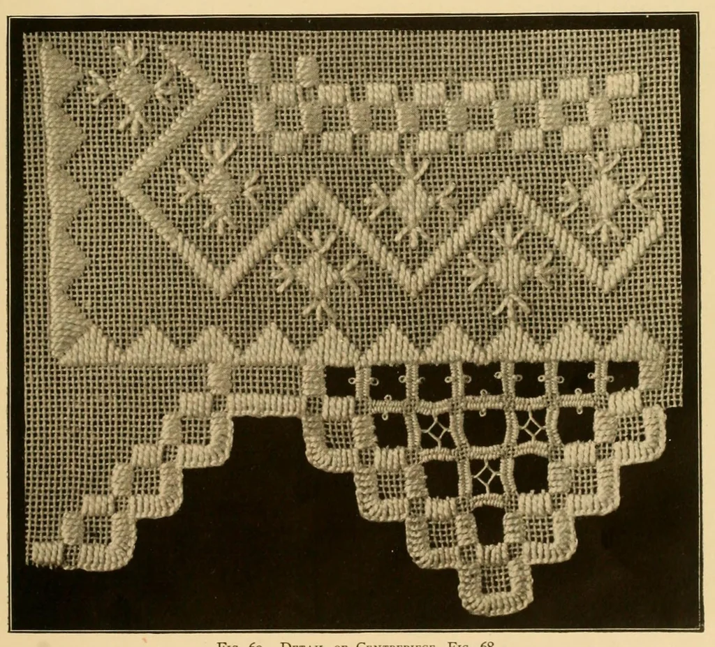 An illustration from The Priscilla Hardanger book; a collection of beautiful designs in Hardanger embroidery, 1909, leaf 45
