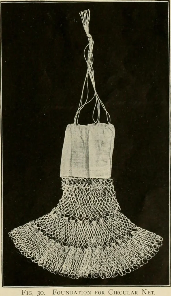 An illustration from The Priscilla netting book, containing full directions for making square and circular netting, and for the various stitches with which netting is ornamented, also a great number of finished pieces in the different varieties of netting and filet brodé, 1914, leaf 10