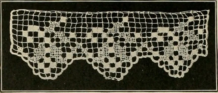 An illustration from The Priscilla netting book, containing full directions for making square and circular netting, and for the various stitches with which netting is ornamented, also a great number of finished pieces in the different varieties of netting and filet brodé, 1914, leaf 11
