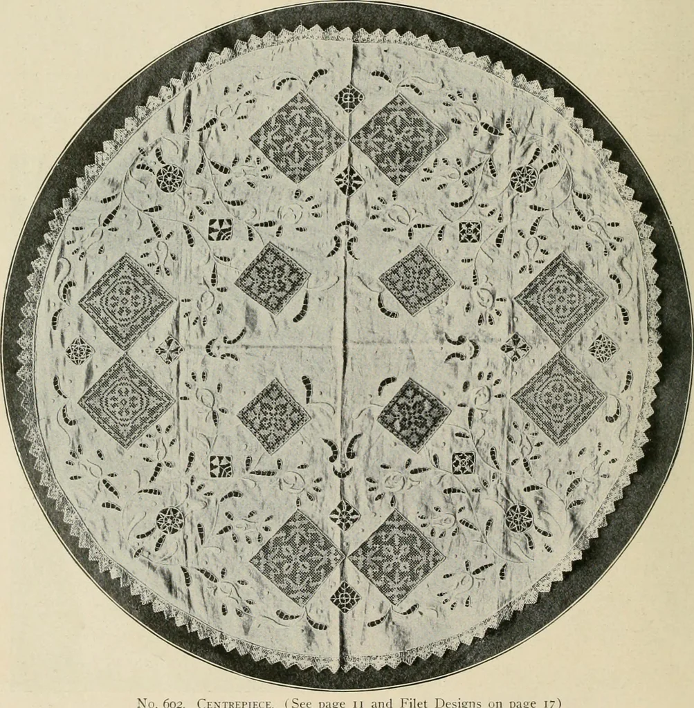 An illustration from The Priscilla netting book, containing full directions for making square and circular netting, and for the various stitches with which netting is ornamented, also a great number of finished pieces in the different varieties of netting and filet brodé, 1914, leaf 11