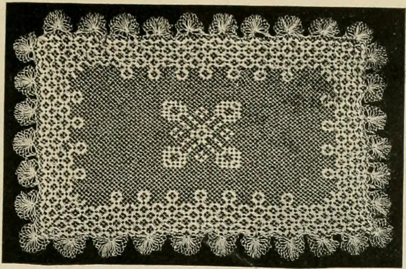 An illustration from The Priscilla netting book, containing full directions for making square and circular netting, and for the various stitches with which netting is ornamented, also a great number of finished pieces in the different varieties of netting and filet brodé, 1914, leaf 12