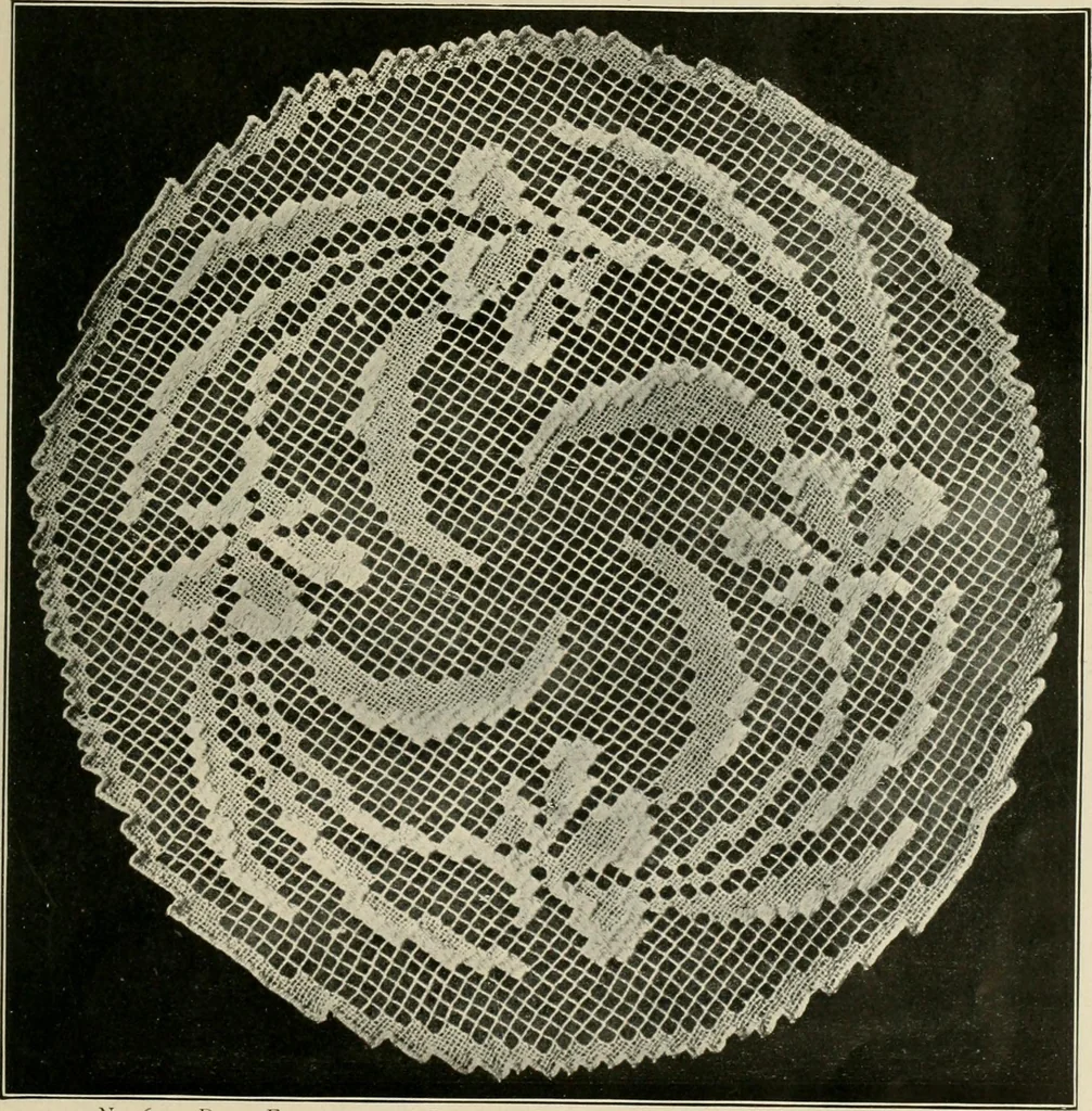 An illustration from The Priscilla netting book, containing full directions for making square and circular netting, and for the various stitches with which netting is ornamented, also a great number of finished pieces in the different varieties of netting and filet brodé, 1914, leaf 12