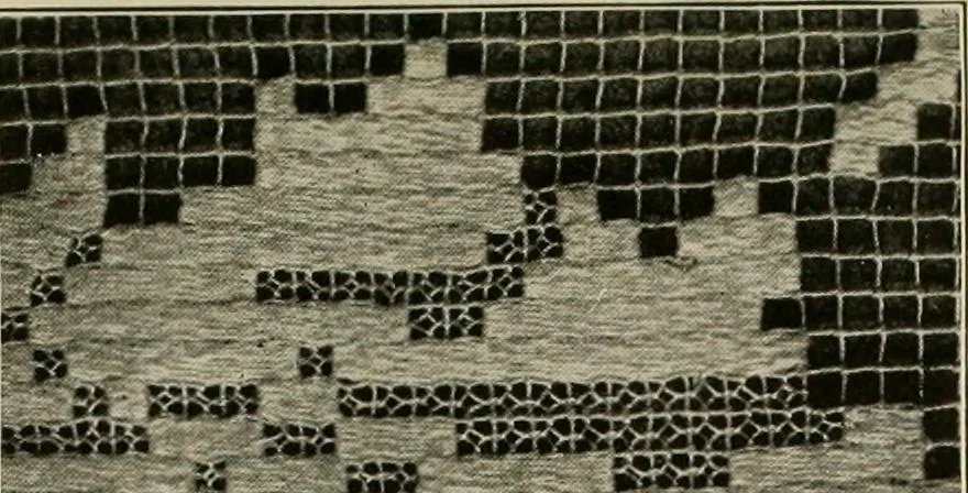 An illustration from The Priscilla netting book, containing full directions for making square and circular netting, and for the various stitches with which netting is ornamented, also a great number of finished pieces in the different varieties of netting and filet brodé, 1914, leaf 13