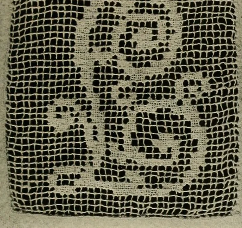 An illustration from The Priscilla netting book, containing full directions for making square and circular netting, and for the various stitches with which netting is ornamented, also a great number of finished pieces in the different varieties of netting and filet brodé, 1914, leaf 14