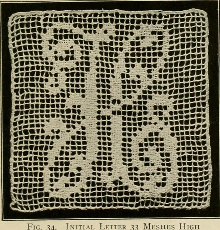 An illustration from The Priscilla netting book, containing full directions for making square and circular netting, and for the various stitches with which netting is ornamented, also a great number of finished pieces in the different varieties of netting and filet brodé, 1914, leaf 14
