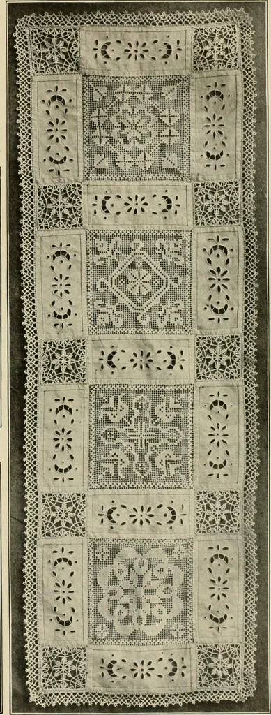 An illustration from The Priscilla netting book, containing full directions for making square and circular netting, and for the various stitches with which netting is ornamented, also a great number of finished pieces in the different varieties of netting and filet brodé, 1914, leaf 14