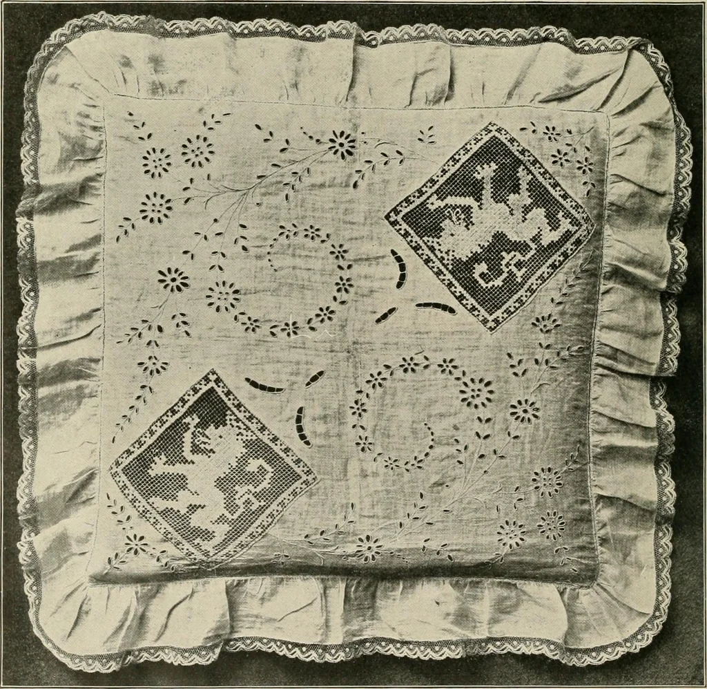 An illustration from The Priscilla netting book, containing full directions for making square and circular netting, and for the various stitches with which netting is ornamented, also a great number of finished pieces in the different varieties of netting and filet brodé, 1914, leaf 15