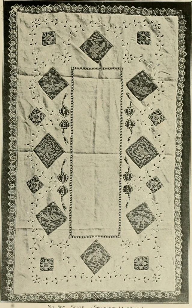 An illustration from The Priscilla netting book, containing full directions for making square and circular netting, and for the various stitches with which netting is ornamented, also a great number of finished pieces in the different varieties of netting and filet brodé, 1914, leaf 16