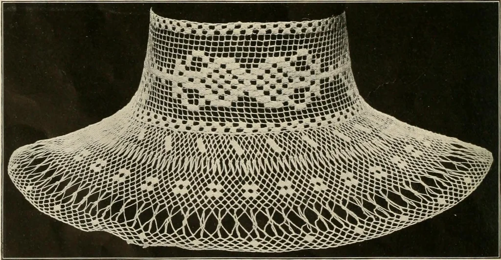 An illustration from The Priscilla netting book, containing full directions for making square and circular netting, and for the various stitches with which netting is ornamented, also a great number of finished pieces in the different varieties of netting and filet brodé, 1914, leaf 17