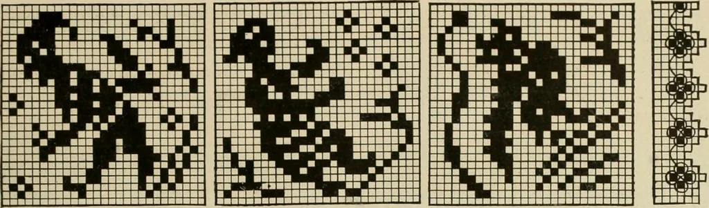 An illustration from The Priscilla netting book, containing full directions for making square and circular netting, and for the various stitches with which netting is ornamented, also a great number of finished pieces in the different varieties of netting and filet brodé, 1914, leaf 18