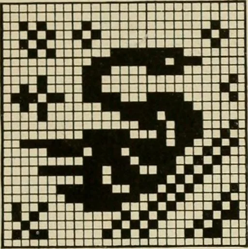 An illustration from The Priscilla netting book, containing full directions for making square and circular netting, and for the various stitches with which netting is ornamented, also a great number of finished pieces in the different varieties of netting and filet brodé, 1914, leaf 18