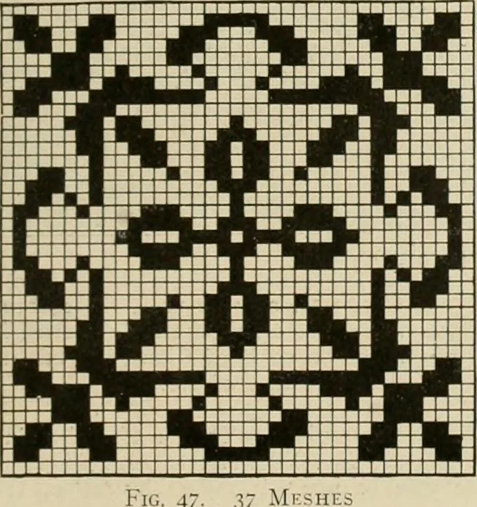 An illustration from The Priscilla netting book, containing full directions for making square and circular netting, and for the various stitches with which netting is ornamented, also a great number of finished pieces in the different varieties of netting and filet brodé, 1914, leaf 18