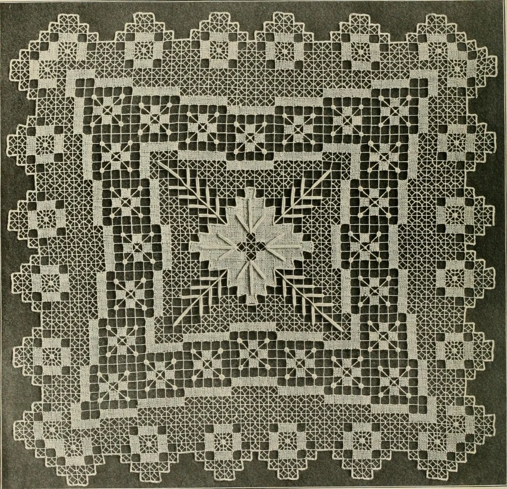 An illustration from The Priscilla netting book, containing full directions for making square and circular netting, and for the various stitches with which netting is ornamented, also a great number of finished pieces in the different varieties of netting and filet brodé, 1914, leaf 19