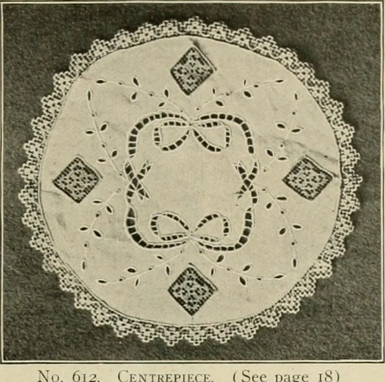 An illustration from The Priscilla netting book, containing full directions for making square and circular netting, and for the various stitches with which netting is ornamented, also a great number of finished pieces in the different varieties of netting and filet brodé, 1914, leaf 20