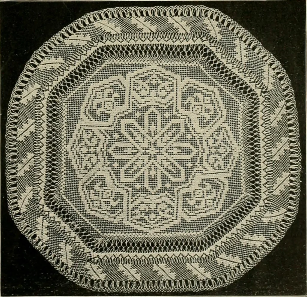 An illustration from The Priscilla netting book, containing full directions for making square and circular netting, and for the various stitches with which netting is ornamented, also a great number of finished pieces in the different varieties of netting and filet brodé, 1914, leaf 20