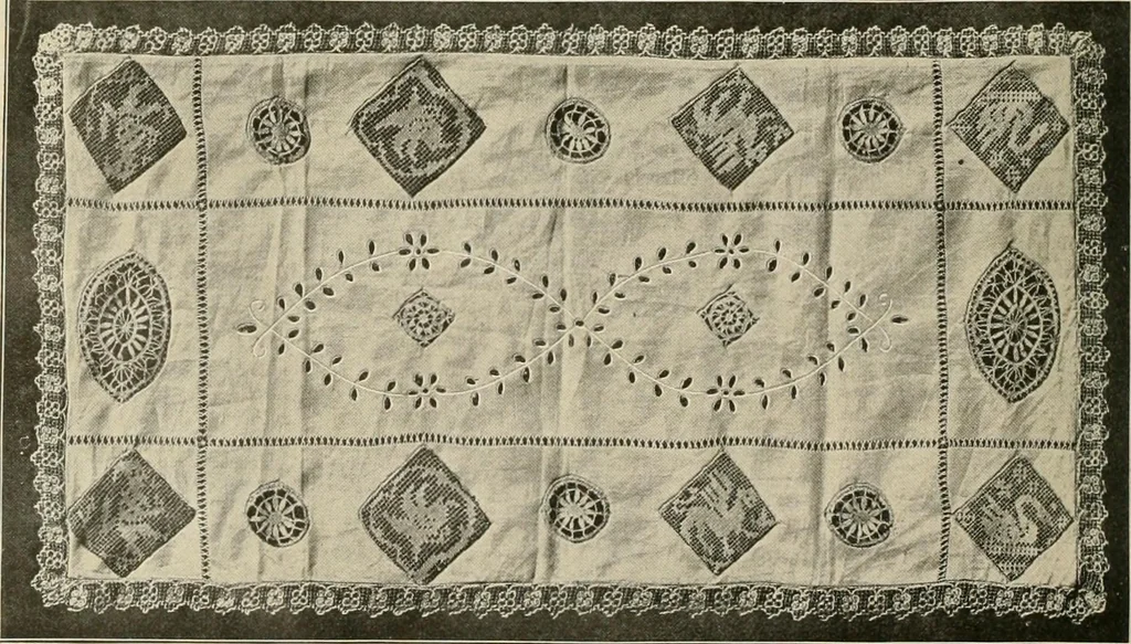 An illustration from The Priscilla netting book, containing full directions for making square and circular netting, and for the various stitches with which netting is ornamented, also a great number of finished pieces in the different varieties of netting and filet brodé, 1914, leaf 21