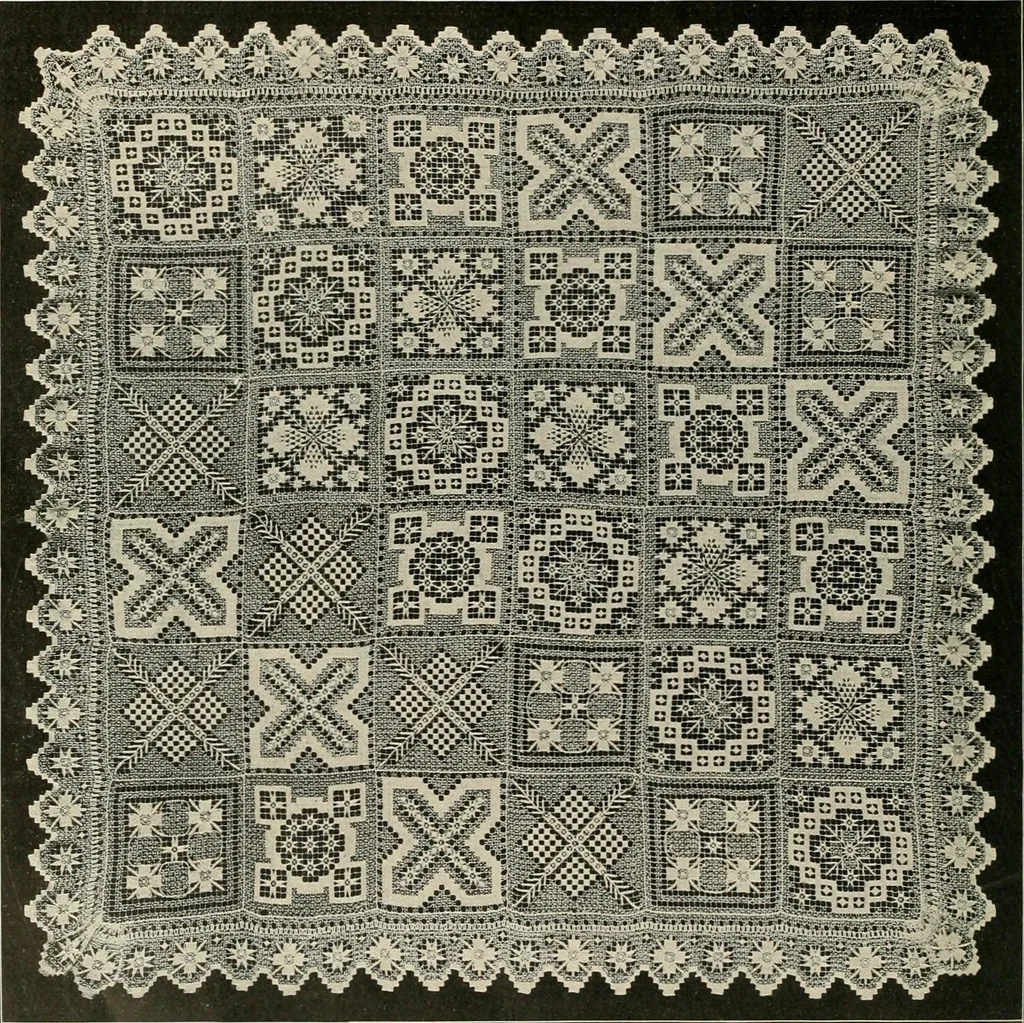 An illustration from The Priscilla netting book, containing full directions for making square and circular netting, and for the various stitches with which netting is ornamented, also a great number of finished pieces in the different varieties of netting and filet brodé, 1914, leaf 23