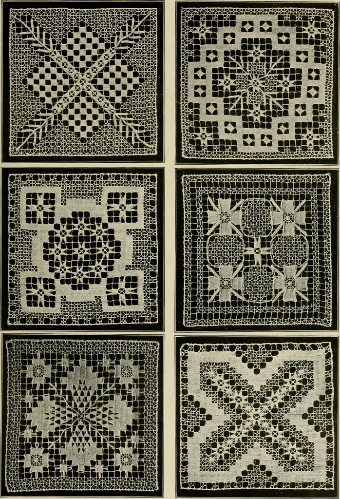 An illustration from The Priscilla netting book, containing full directions for making square and circular netting, and for the various stitches with which netting is ornamented, also a great number of finished pieces in the different varieties of netting and filet brodé, 1914, leaf 24