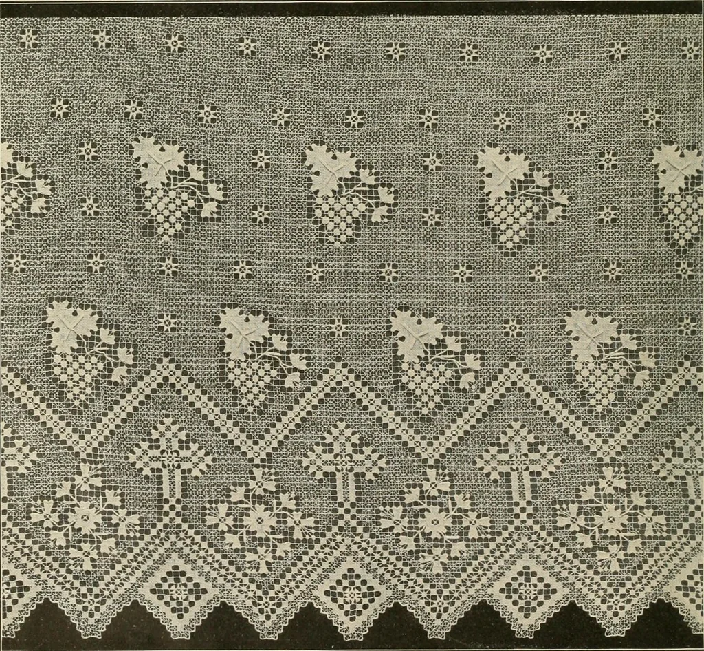 An illustration from The Priscilla netting book, containing full directions for making square and circular netting, and for the various stitches with which netting is ornamented, also a great number of finished pieces in the different varieties of netting and filet brodé, 1914, leaf 25