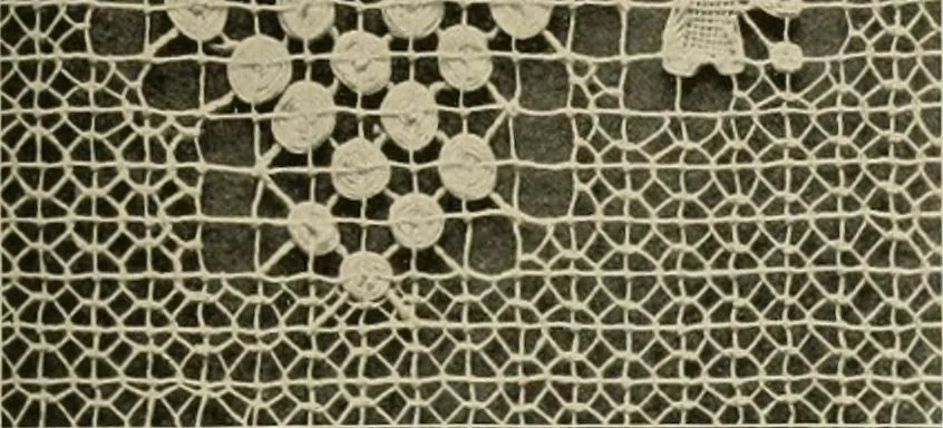 An illustration from The Priscilla netting book, containing full directions for making square and circular netting, and for the various stitches with which netting is ornamented, also a great number of finished pieces in the different varieties of netting and filet brodé, 1914, leaf 26