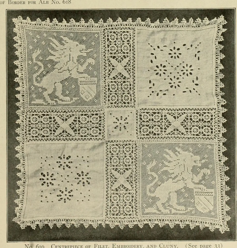 An illustration from The Priscilla netting book, containing full directions for making square and circular netting, and for the various stitches with which netting is ornamented, also a great number of finished pieces in the different varieties of netting and filet brodé, 1914, leaf 26
