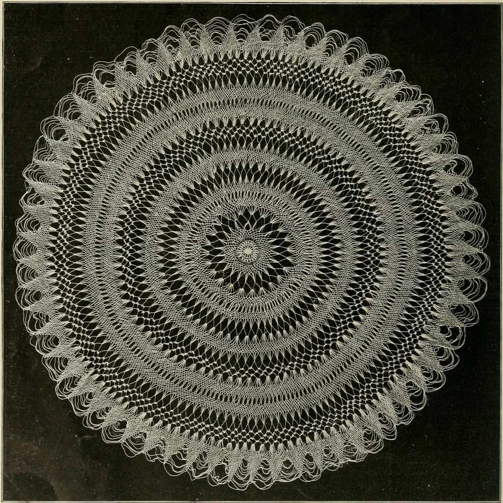 An illustration from The Priscilla netting book, containing full directions for making square and circular netting, and for the various stitches with which netting is ornamented, also a great number of finished pieces in the different varieties of netting and filet brodé, 1914, leaf 27