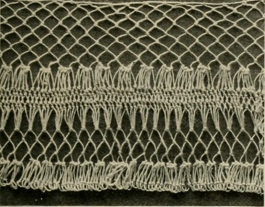 An illustration from The Priscilla netting book, containing full directions for making square and circular netting, and for the various stitches with which netting is ornamented, also a great number of finished pieces in the different varieties of netting and filet brodé, 1914, leaf 28