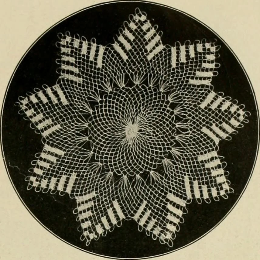 An illustration from The Priscilla netting book, containing full directions for making square and circular netting, and for the various stitches with which netting is ornamented, also a great number of finished pieces in the different varieties of netting and filet brodé, 1914, leaf 28