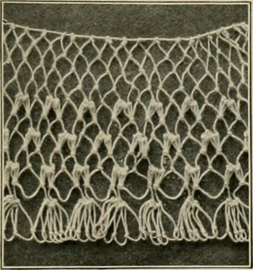 An illustration from The Priscilla netting book, containing full directions for making square and circular netting, and for the various stitches with which netting is ornamented, also a great number of finished pieces in the different varieties of netting and filet brodé, 1914, leaf 28