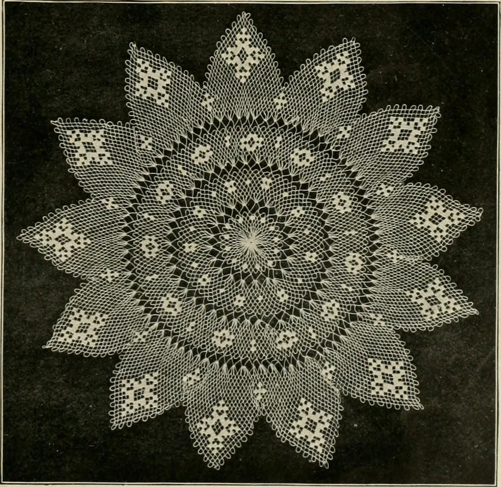 An illustration from The Priscilla netting book, containing full directions for making square and circular netting, and for the various stitches with which netting is ornamented, also a great number of finished pieces in the different varieties of netting and filet brodé, 1914, leaf 28