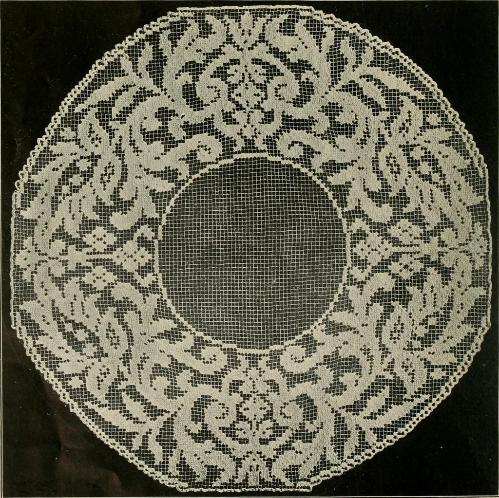 An illustration from The Priscilla netting book, containing full directions for making square and circular netting, and for the various stitches with which netting is ornamented, also a great number of finished pieces in the different varieties of netting and filet brodé, 1914, leaf 31