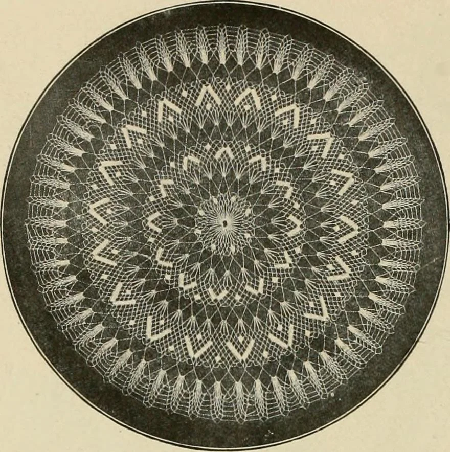 An illustration from The Priscilla netting book, containing full directions for making square and circular netting, and for the various stitches with which netting is ornamented, also a great number of finished pieces in the different varieties of netting and filet brodé, 1914, leaf 33