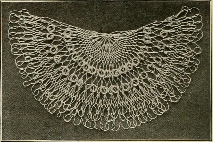 An illustration from The Priscilla netting book, containing full directions for making square and circular netting, and for the various stitches with which netting is ornamented, also a great number of finished pieces in the different varieties of netting and filet brodé, 1914, leaf 33