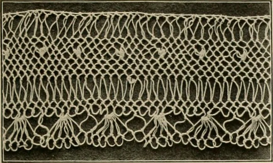 An illustration from The Priscilla netting book, containing full directions for making square and circular netting, and for the various stitches with which netting is ornamented, also a great number of finished pieces in the different varieties of netting and filet brodé, 1914, leaf 34