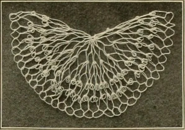 An illustration from The Priscilla netting book, containing full directions for making square and circular netting, and for the various stitches with which netting is ornamented, also a great number of finished pieces in the different varieties of netting and filet brodé, 1914, leaf 34