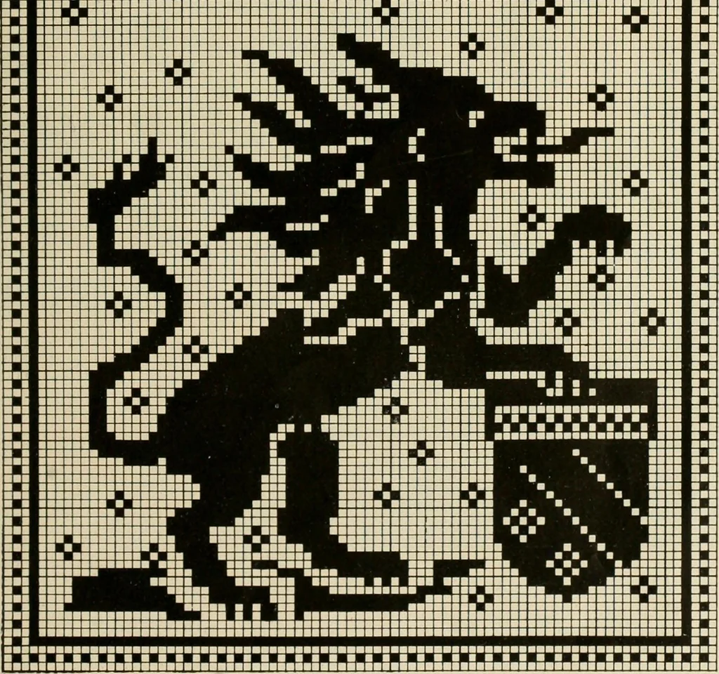 An illustration from The Priscilla netting book, containing full directions for making square and circular netting, and for the various stitches with which netting is ornamented, also a great number of finished pieces in the different varieties of netting and filet brodé, 1914, leaf 34