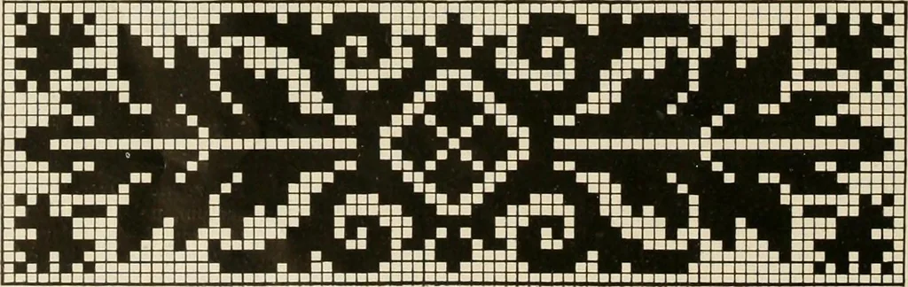 An illustration from The Priscilla netting book, containing full directions for making square and circular netting, and for the various stitches with which netting is ornamented, also a great number of finished pieces in the different varieties of netting and filet brodé, 1914, leaf 37