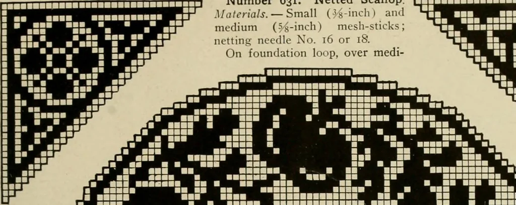 An illustration from The Priscilla netting book, containing full directions for making square and circular netting, and for the various stitches with which netting is ornamented, also a great number of finished pieces in the different varieties of netting and filet brodé, 1914, leaf 38