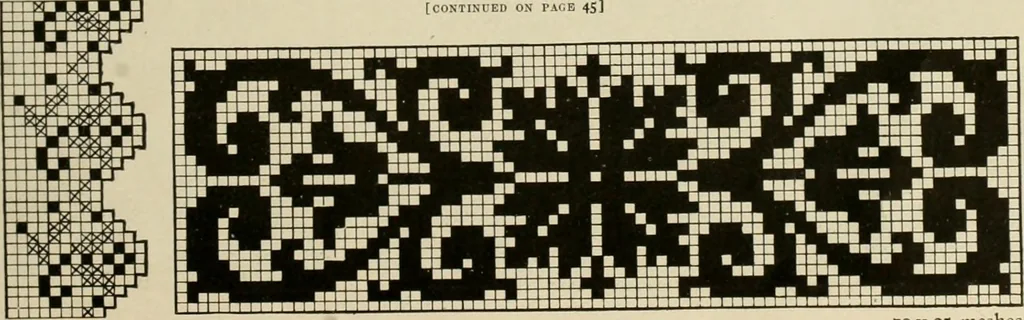 An illustration from The Priscilla netting book, containing full directions for making square and circular netting, and for the various stitches with which netting is ornamented, also a great number of finished pieces in the different varieties of netting and filet brodé, 1914, leaf 38